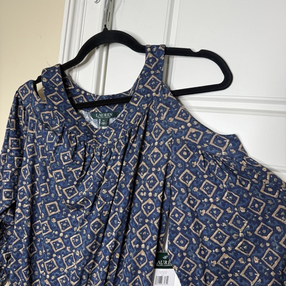 Ralph Lauren Open Shoulder Dress Women's Medium Blue Geometric Cottage Prairie - Picture 4 of 8